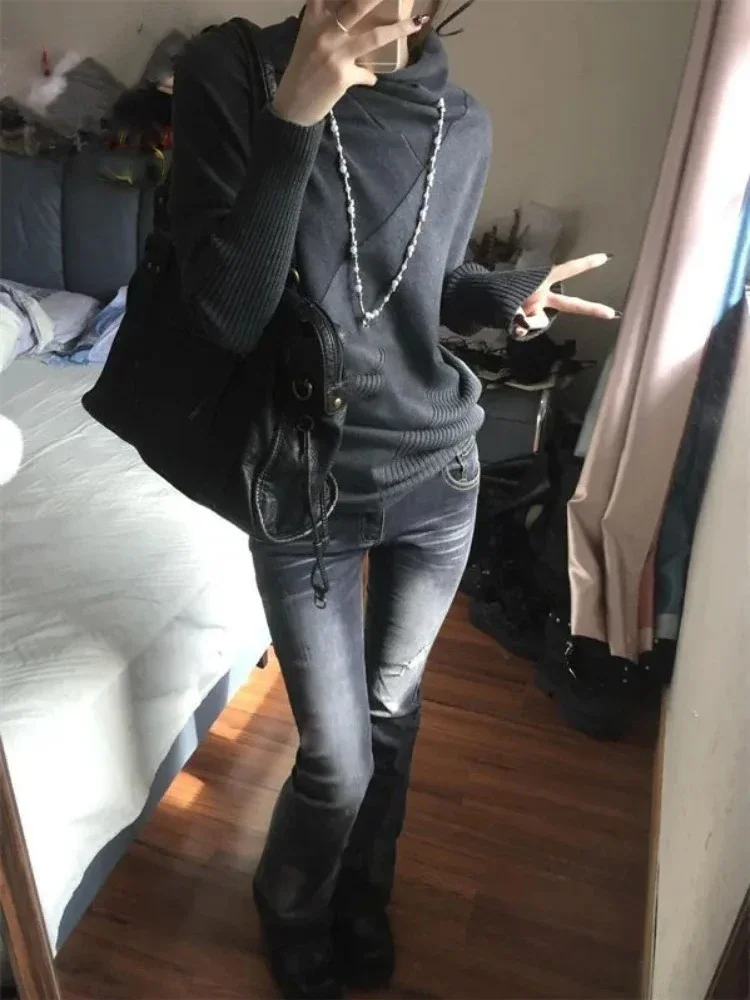 秋のレイジースタイル グレー ニットプルオーバー カジュアル Y2K サブカルチャー レディース服 ヴィンテージ ルーズセーター レディース ジャンパー ニットウェア