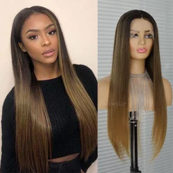 Ombre Brown Long Straight Lace Front Wig for Women Glueless 3-Tone Brown Wigs Pre Plucked Heat Resistant Synthetic Hair Wig