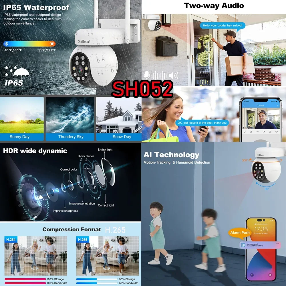 SriHome SP028 2MP SH052 5MP PTZ WiFi Camera Ai Auto Tracking Outdoor IP Camera 2-Way Audio Color Night Vision CCTV Surveillance