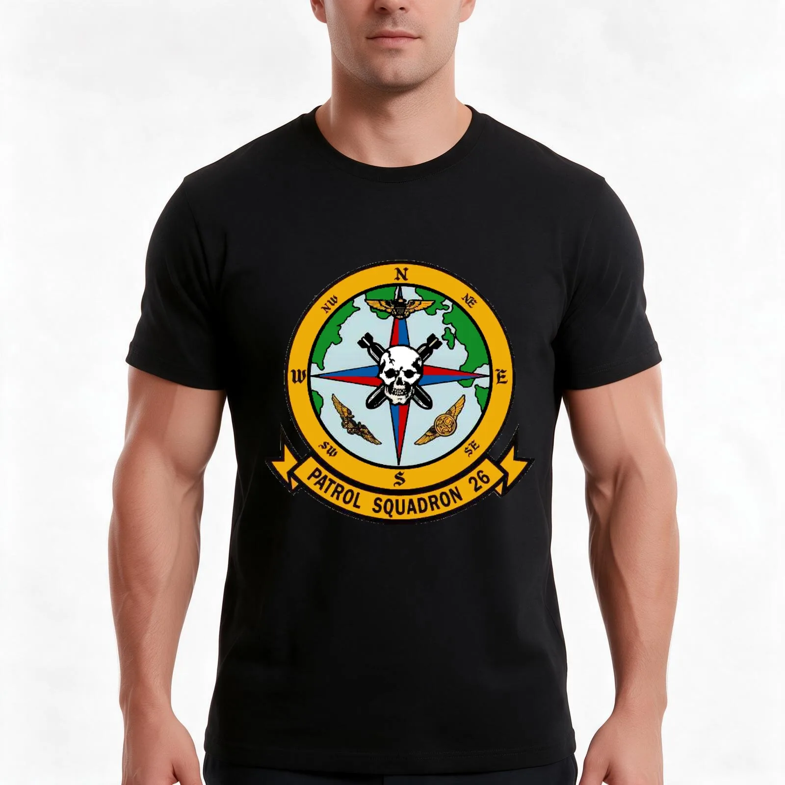 VP-26 Tridents Crest T-Shirt, Summer Casual Cotton Tee, Oversized Streetwear Tops, Vintage Graphic Print, Loose Fit Short Sleeve
