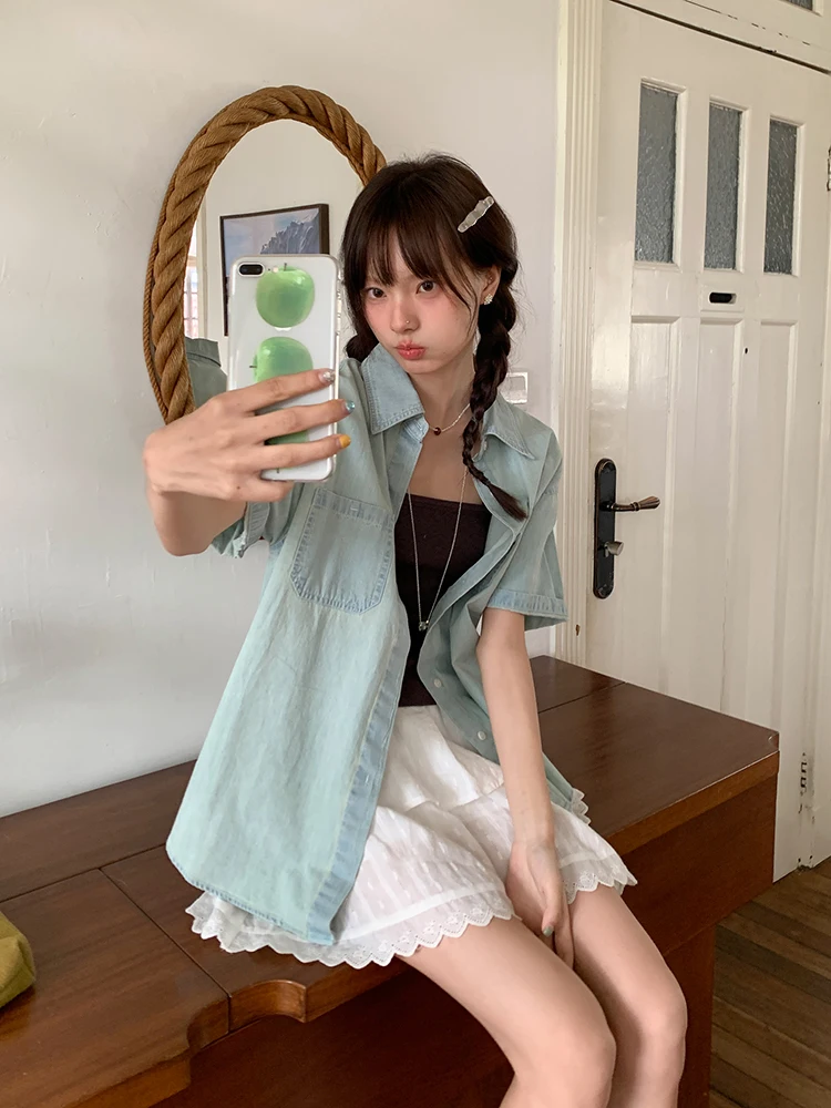 

Retro Hong Kong Sle Light Blue Denim ort Sve irt Women's Summer Design Sense irt Super Beautiful Youthful Top