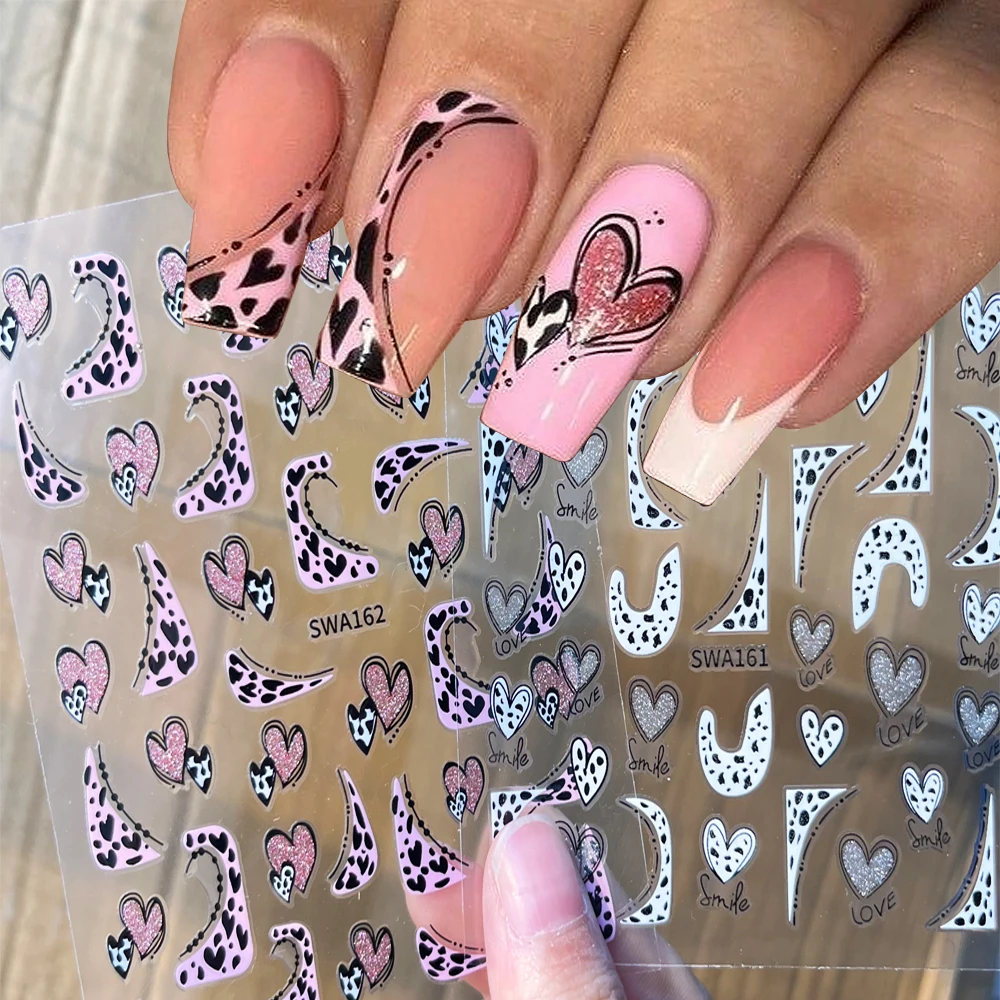 2 Stück Leopardenmuster Glitzer Herz Französische Nagelaufkleber 3D Sexy Funkelndes Rosa Liebe Glitzer Nagelaufkleber Weiß Valentinstag Maniküre
