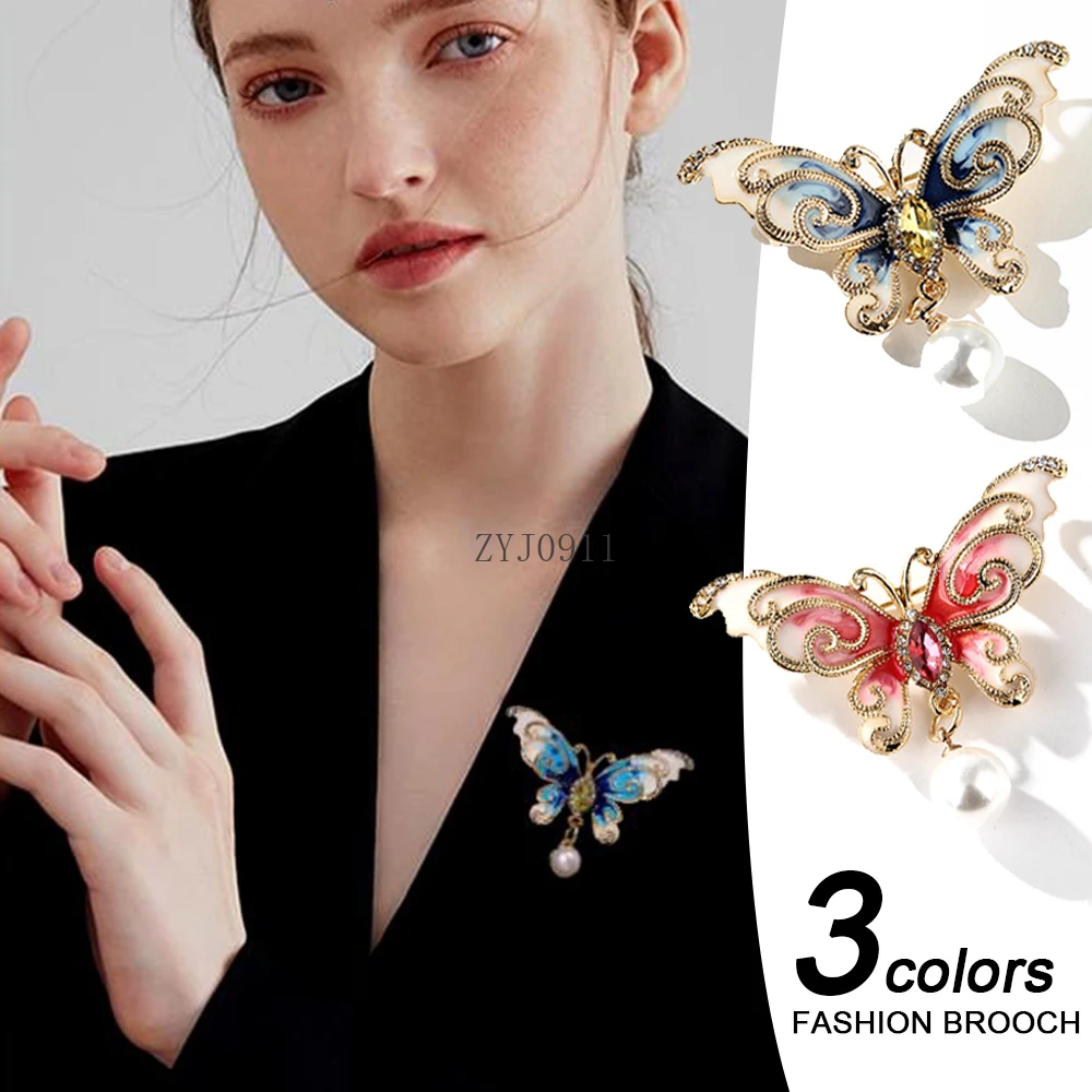 *Emaille-Schmetterlings-Brosche mit Perlenanhänger, Kristall-Anstecknadeln für Damen, Kleidung, handgezeichnete Abzeichen, Schmuckzubehör