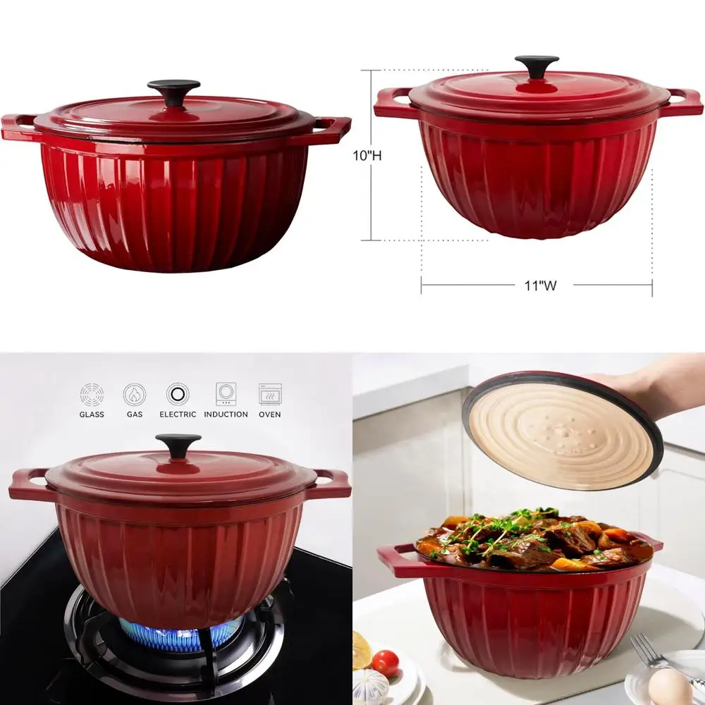 

Эмалированная чугунная голландская духовка, 5,3 литра, красная, прочная посуда с крышкой, идеально подходит для выпечки и медленной готовки