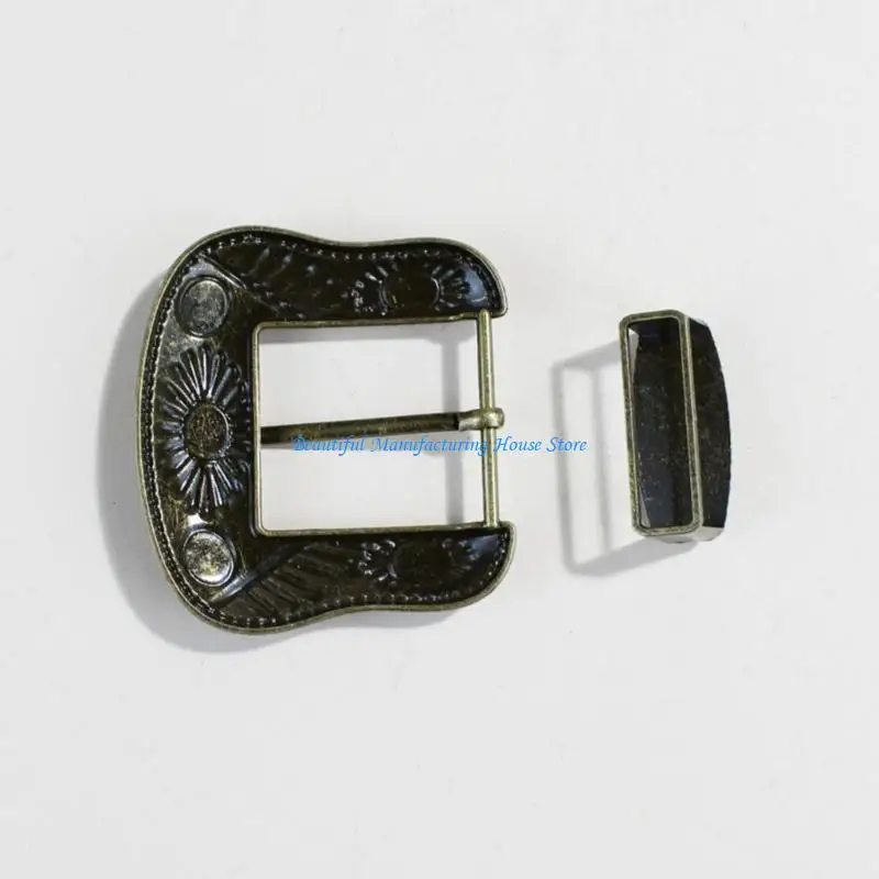 E56A Bohemian Belt Buckle with Rings Vintage Engraved Pattern Turquoise Belt Buckle for Pants Ethnic Waistband Accessories
