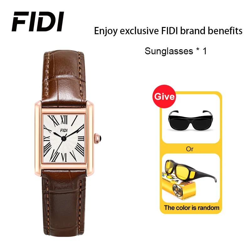 FIDI Women's Quartz Square Watch White Wave Pattern Dial Roman Numerals Leather Strap 30M Water Resistance Elegant Gift FD112