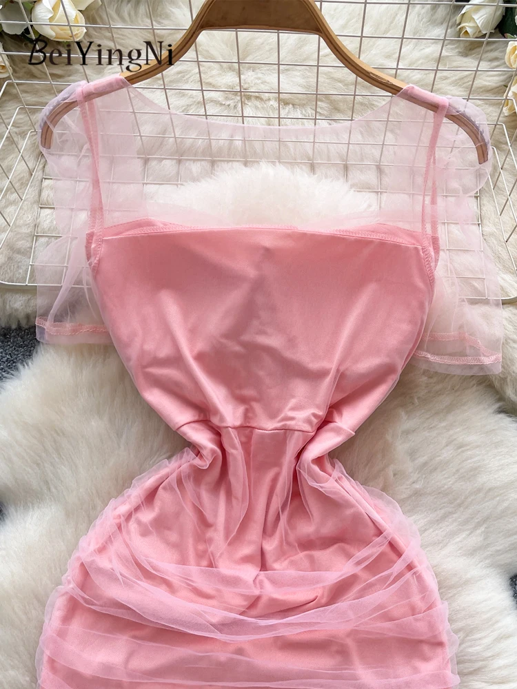 Beiyingni Mesh Patchwork Women Bodycon Mini Dresses Sexy Club French Slim Fit Pink Short Dress Female Ruched Pack Hip Vestidos