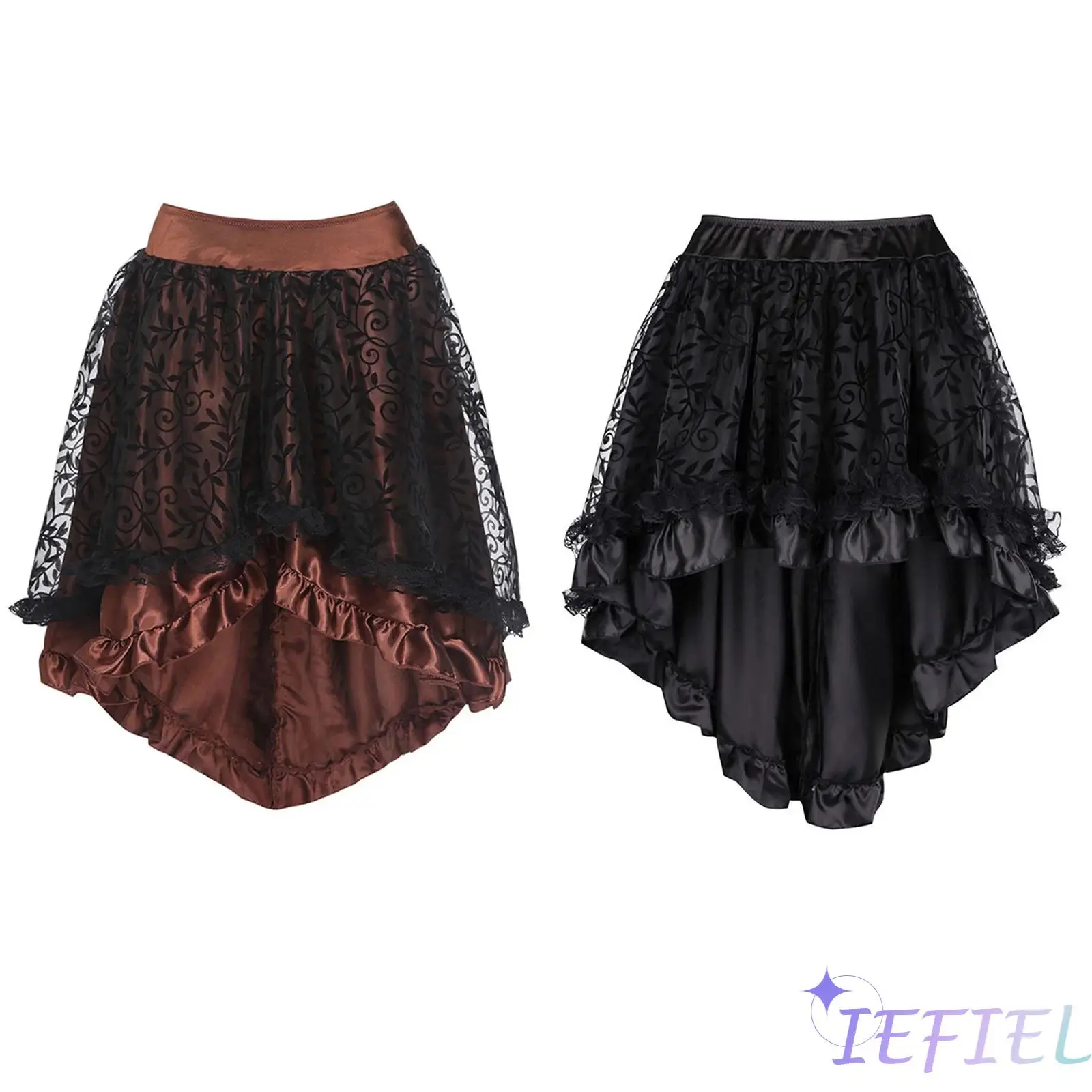 

Halloween Cosplay Womens Medieval Gothic Skirt Velvet Flocked Mesh Ruffled Trim High-low Hem Skirt Victorian Vampire Skirt