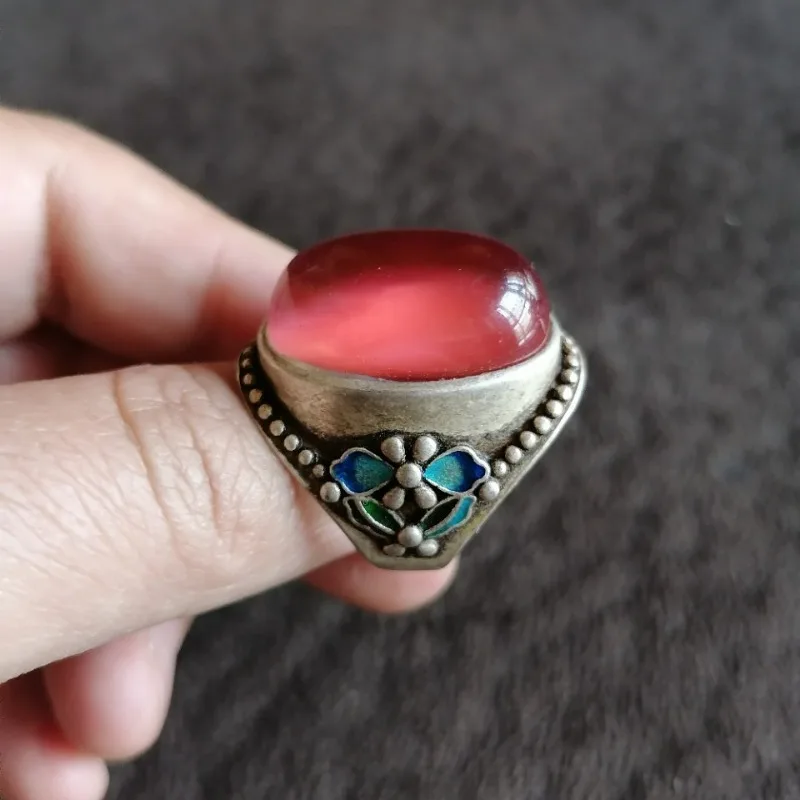Antique Tibetan Old Silver Ring, Inlaid Color-Changing Ruby, Adjustable Band, Vintage Patina Collectible Jewelry