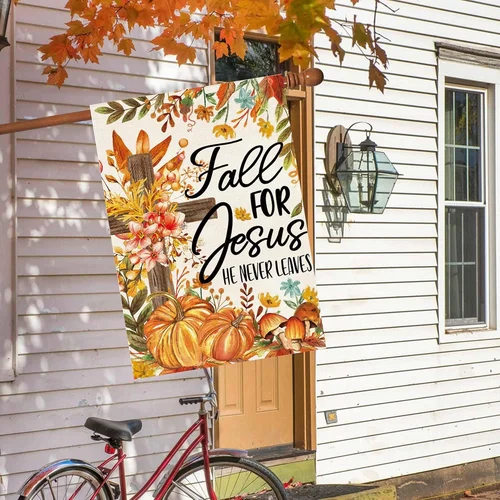 Fall Thanksgiving Jesus House Flag 28 X 40 Inch Double Sided Jesus He Never Leav HHZ UUV HHM UUX