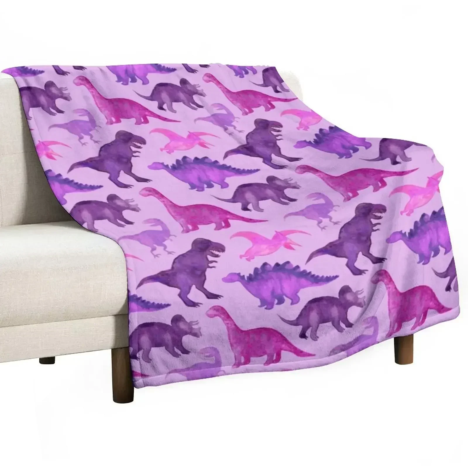 Pink and Purple Watercolor Dinosaurs on Purple Throw Blanket Summer christmas decoration Flannels Blankets