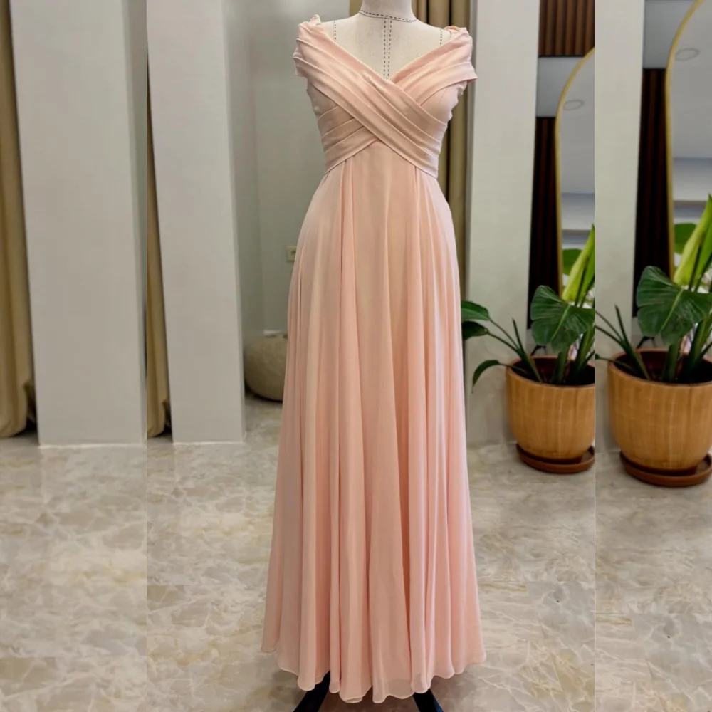 

Customized Elegant Matching Chiffon Pleat A-line V-neck Long Dresses Bespoke Occasion High Quality Retro