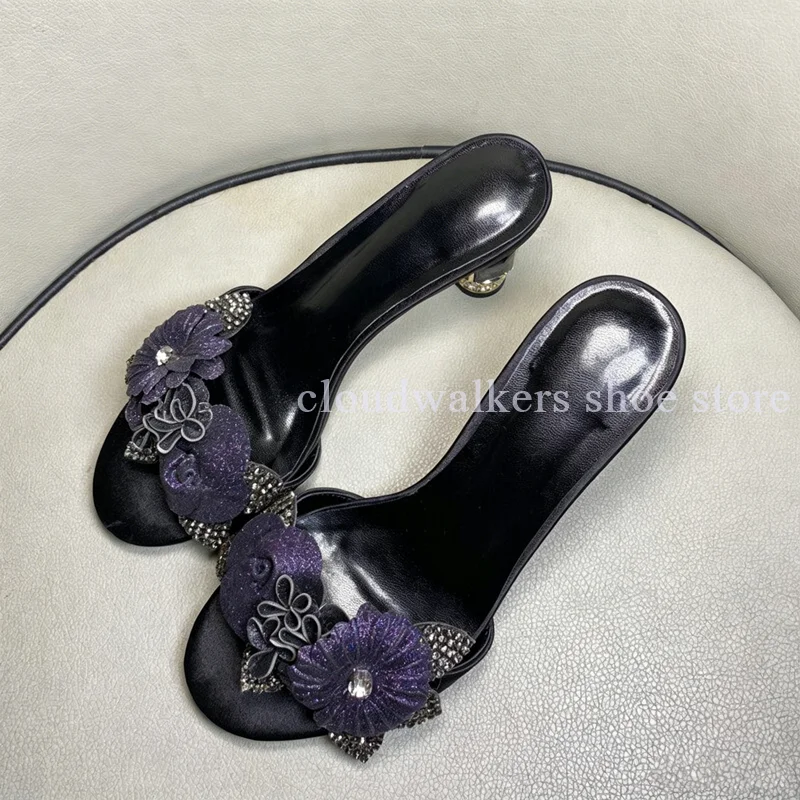 

Exquisite Purple Glitter Flowers Paired Diamond Encrusted Leaf Accents Slippers Black Satin Peep Toe Gem Heel Banquet Date Shoes