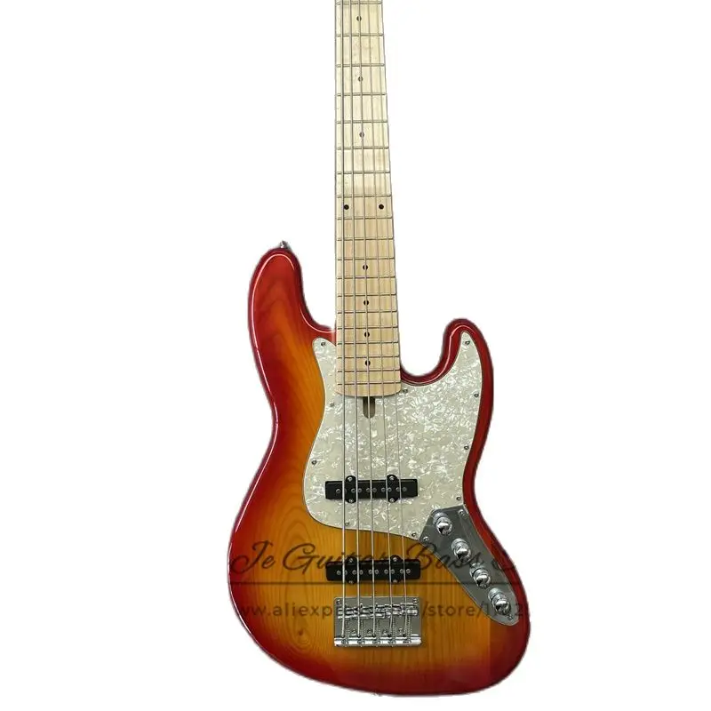 5 Strings Cherry Sunburst Bass Guitar ASH Wood Body Maple Neck Tail Adjustment Yellow Pearl Pickguard Active Battery