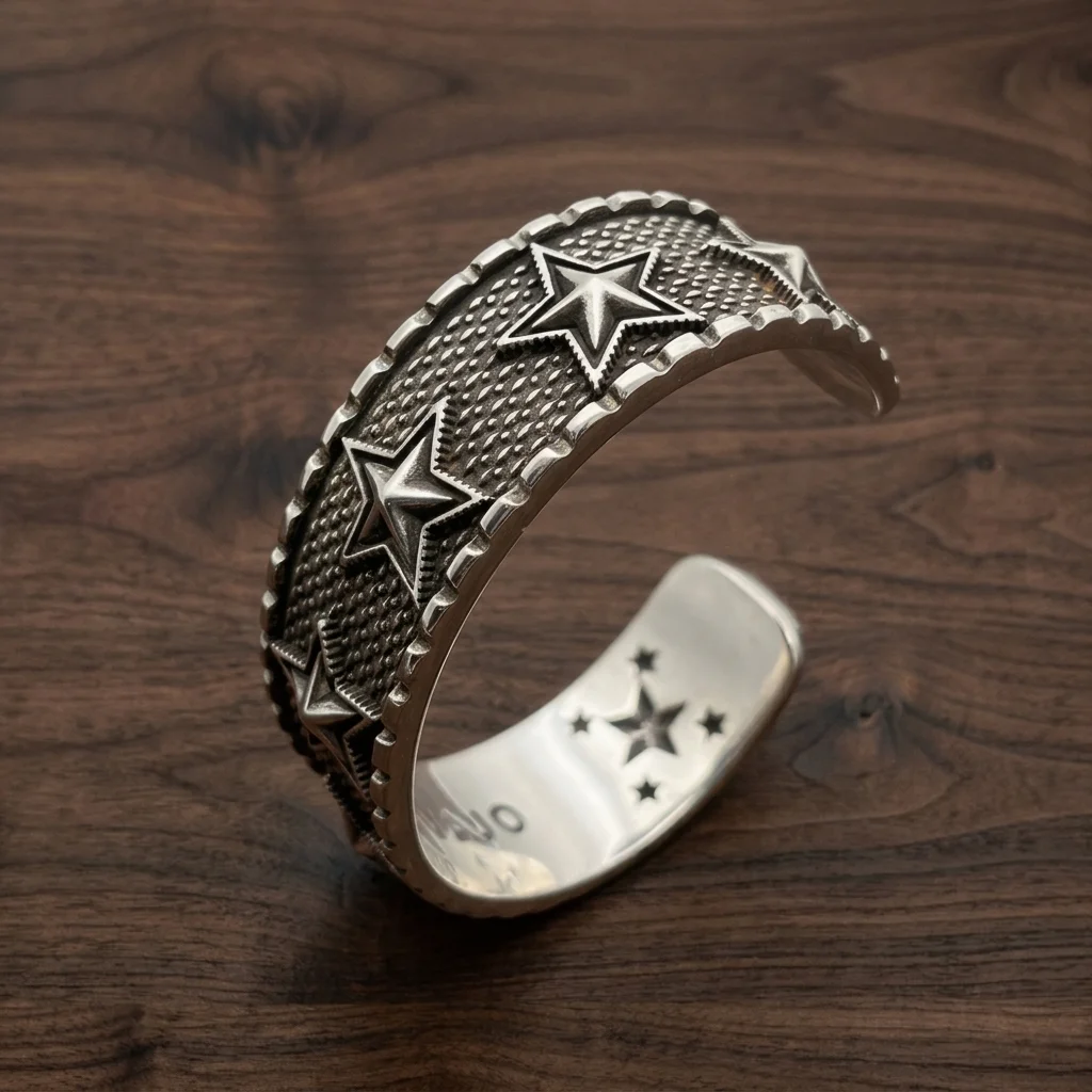 Retro Aged Heavy Weight Navajo Stippled Texture Raised Star Cuff Bracelet Sawtooth Rim Men Tough Western Santa Fe Open Wrist Ban