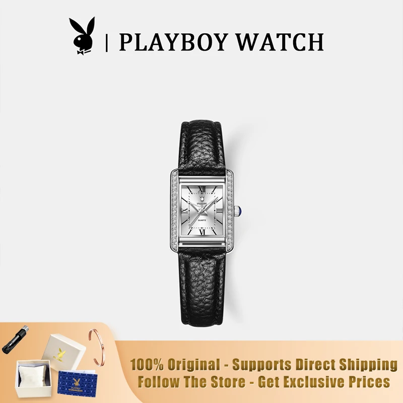 PLAYBOY 3552 Brand original authentic watch for woman Small square watch with leather strap, exquisite quartz women's watch