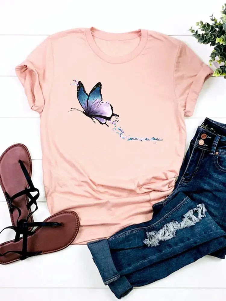 

Butterfly Watercolor Trend Women Basic Tee Fashion Print T Shirt Short Sleeve Ladies Graphic T-shirt Clothes Top Clothing