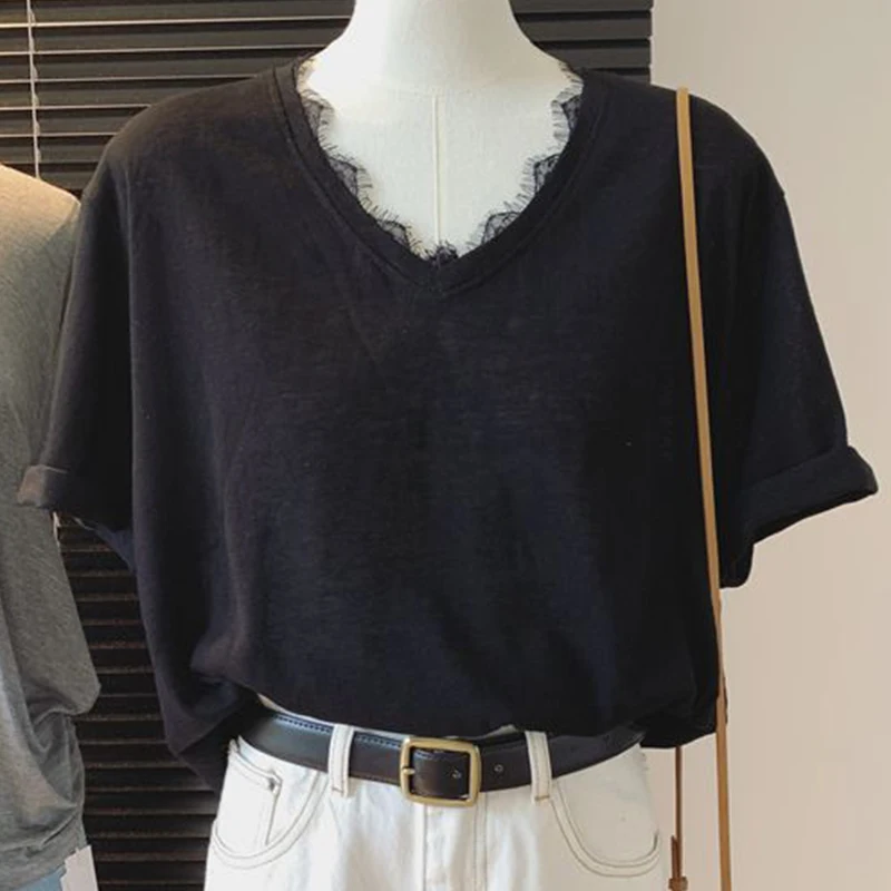 Pure Desire Style Lace Spliced V-Neck Tees for Women Summer Solid Short Sleeve T-Shirts Casual Loose Female Plus Size Thin Tops