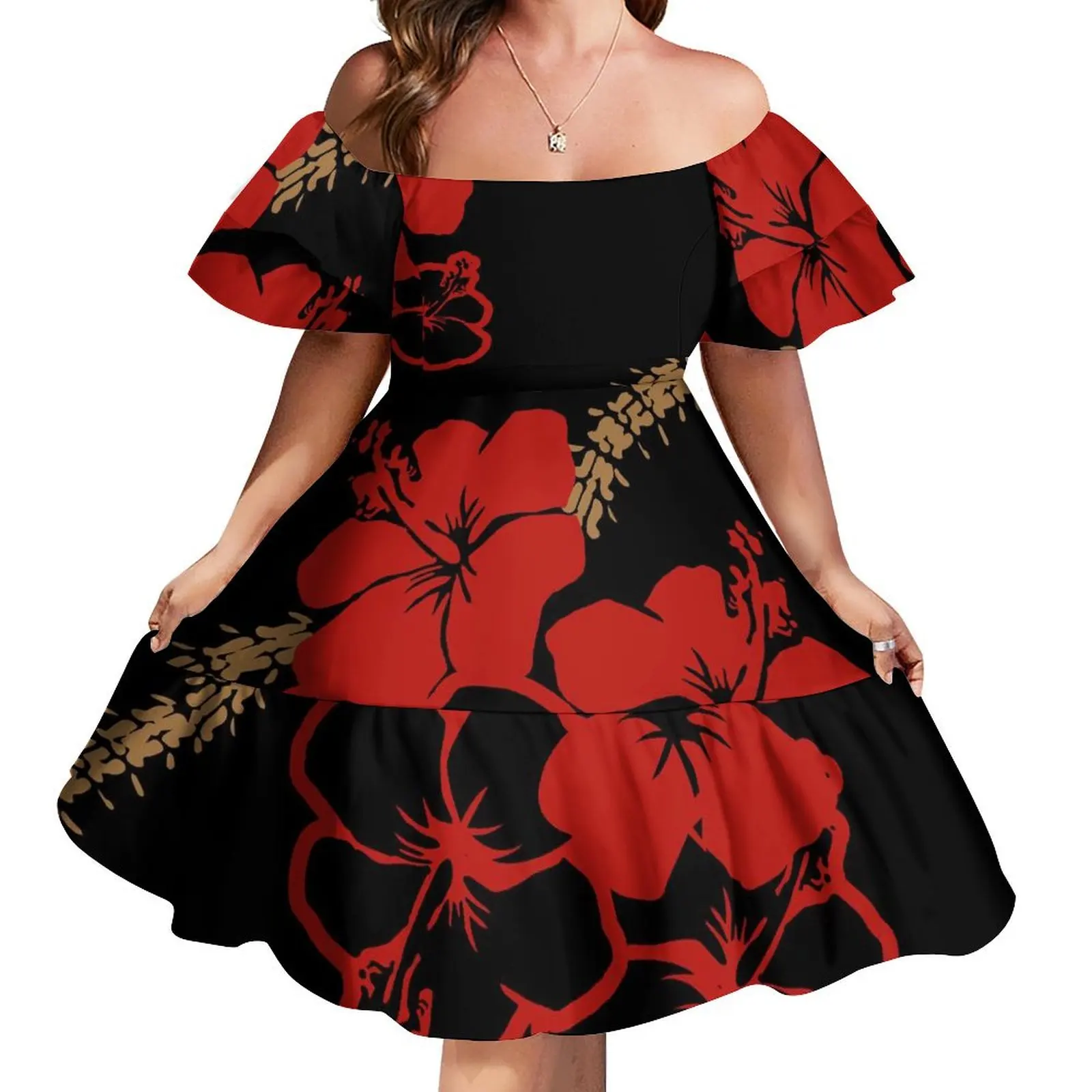 

Hot Selling Women's Fluffy Dress Party Dress Flanged Skirt Puffy Sleeves Elegant Design Dress Summer Skirt Polynesian Design