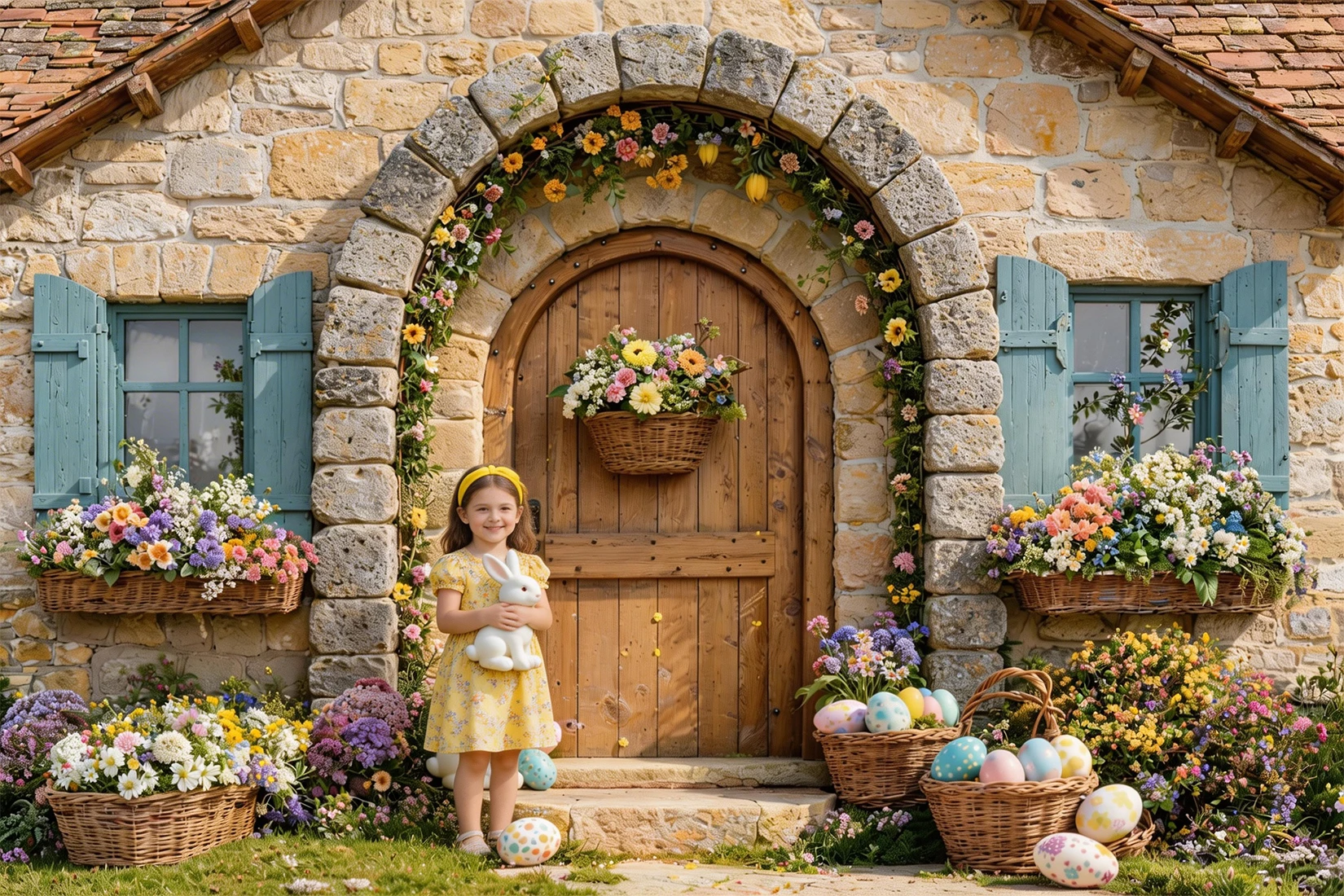 Spring Retro Easter Cottage Backdrops Child Baby Photo Props Adult Kids Decors Bunny Stone Hut Photography Studio Backgrounds