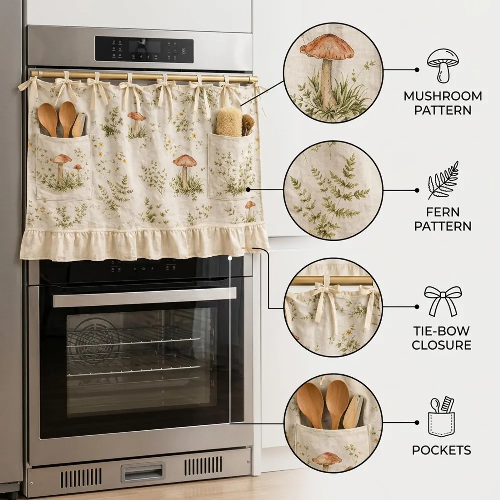 Kitchen Dishwasher Hidden Curtains with Pockets Ribbon Ties and Ruffled Trim for Dishwasher Washing Machine Range Hide Clutter