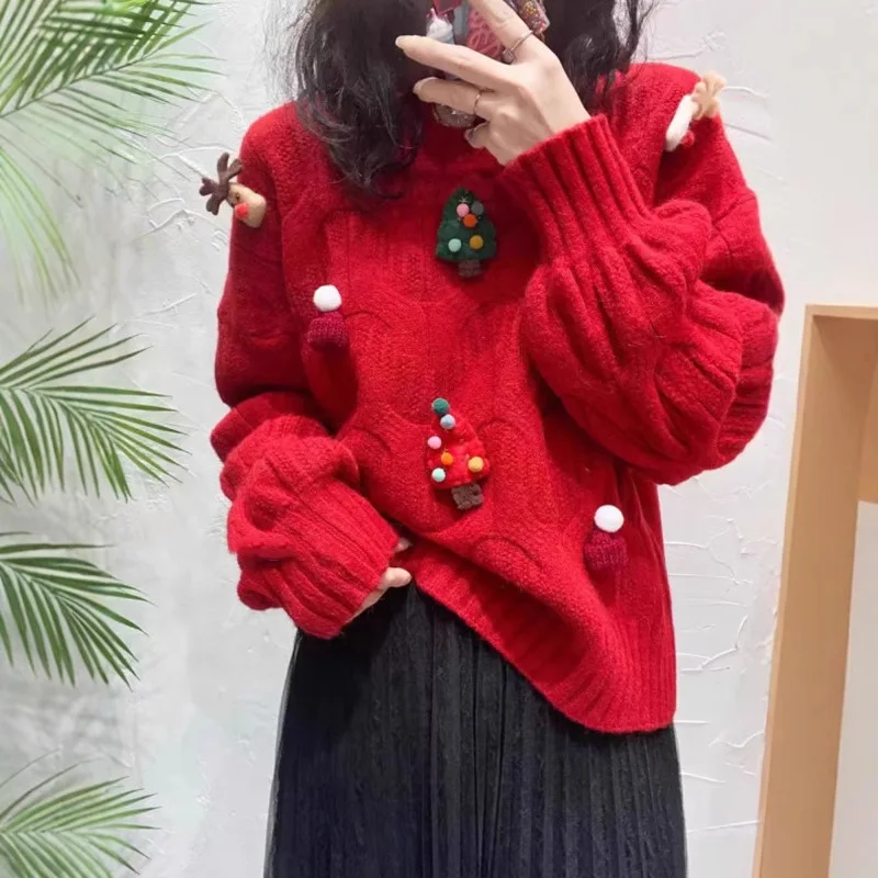 

New Year's Christmas Red Sweater Women's Winter Thickened Loose and Thin Knitted Sweater Top