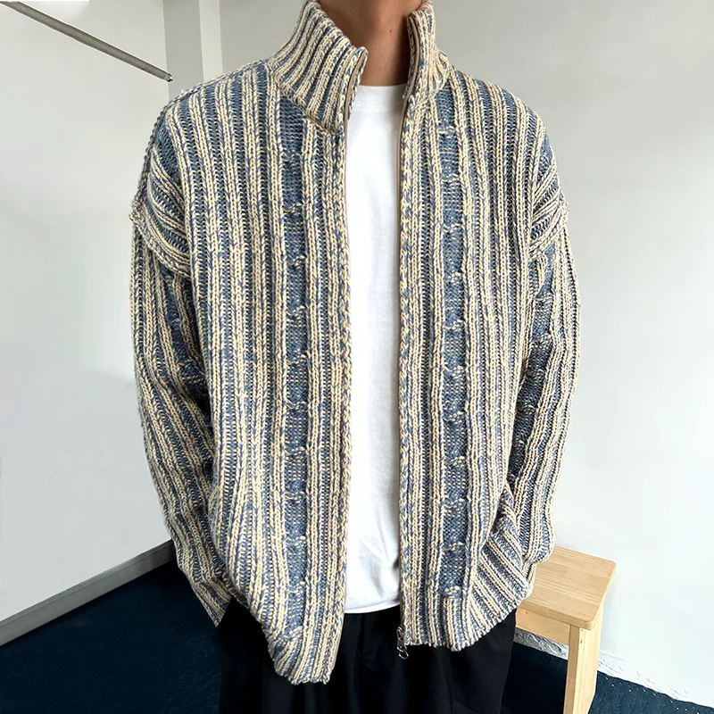 

Модный полосатый текстурированный мужской кардиган, вязаный свитер, осень-зима, повседневный свитер на молнии с воротником-стойкой, винтажный вязаный кардиган
