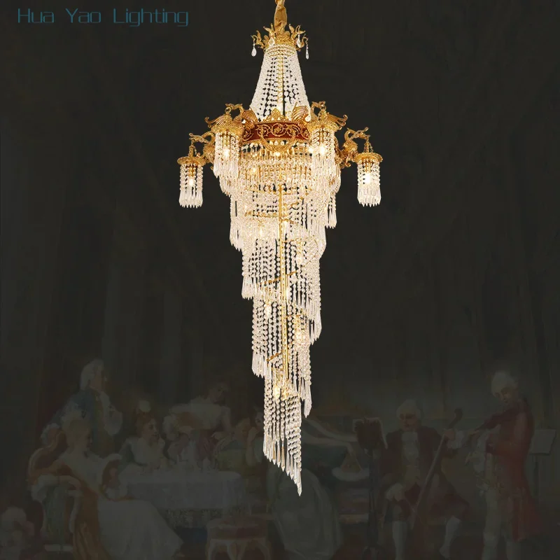 Iluminación colgante para escalera de latón de lujo francés, Villa, edificio dúplex, candelabro de escalera larga, luz de escalera de cristal europea