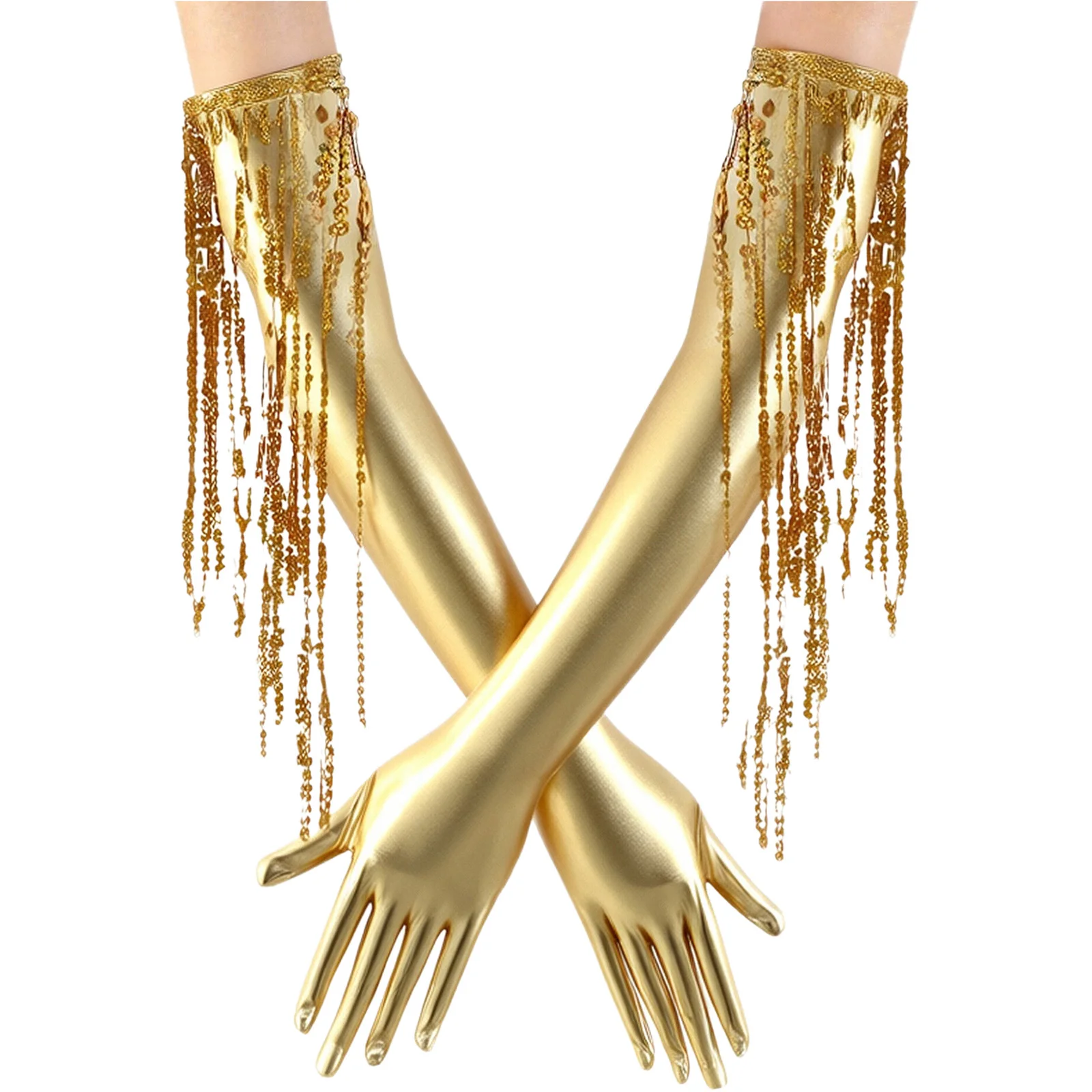 Women Metallic Shiny Sequin Tassels Long Gloves Carnival Party 1920s Opera Performance Costume Accessories Prom Fringe Mittens