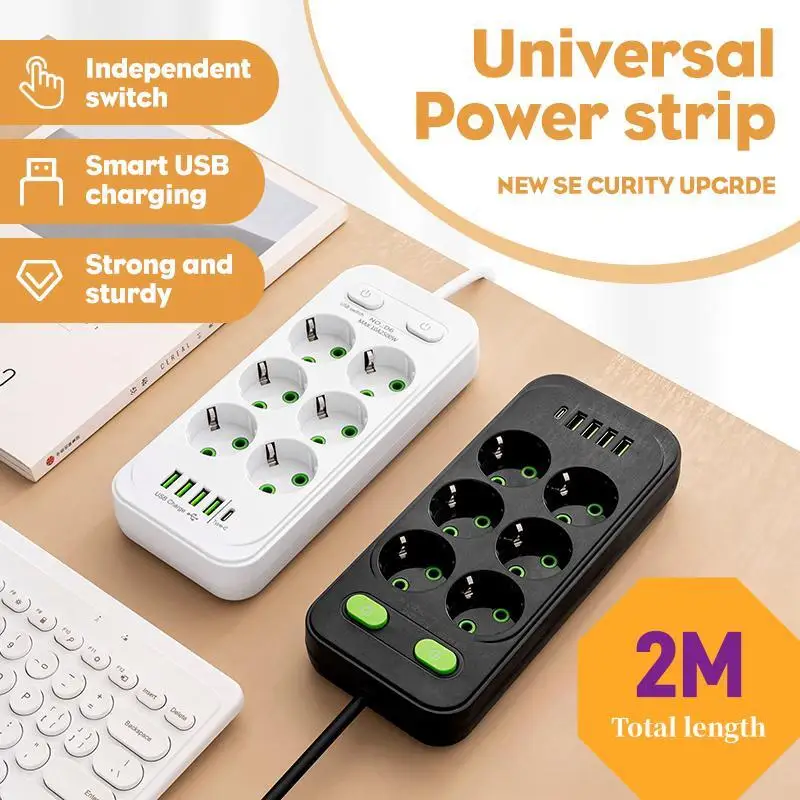 EU Plug AC Outlets Multitap Socket 2M Extension Cord Electrical Power Strip With USB Type C Fast Charging Network Filter Adapter