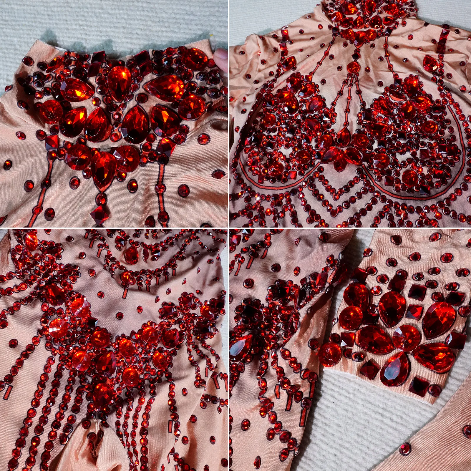 Combinaison en cristal rouge scintillant, manches longues, sexy, club, fête d'anniversaire, justaucorps, spectacle de pole dance, costumes drag queen de célébration