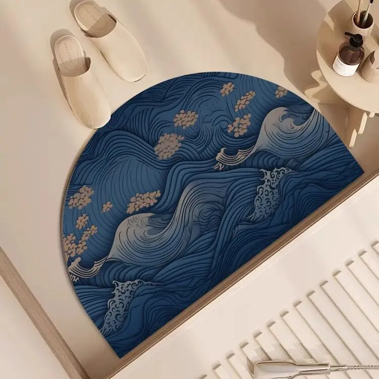 VIKAMA Golden Marble Fluid Semicircle Bath Mat Non Slip Washable Absorbent Rug Modern Abstract Bathroom Entryway Decor