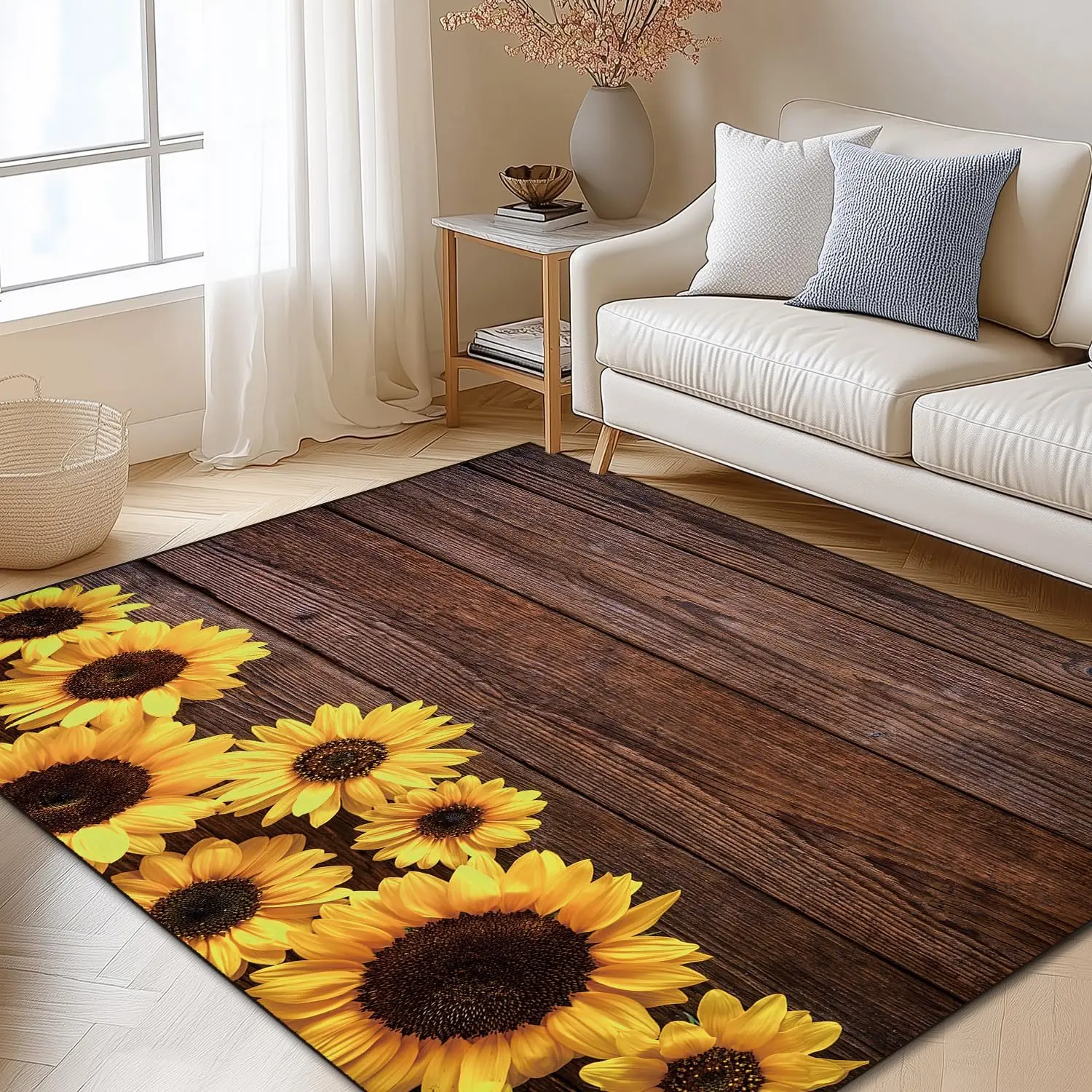 Sunflower on Wood Area Rug, Washable Non Slip Carpet for Living Room Bedroom, Versatile Indoor Home Decor