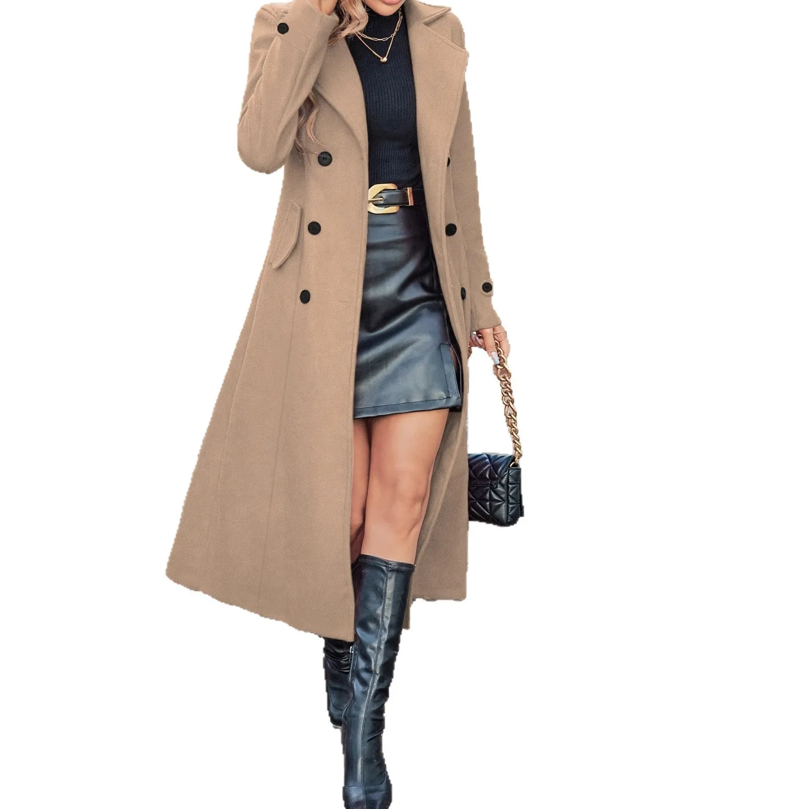 Pockets Slim Fit Coat with Wrinkle Treatment Commuter Style Long Sleeve Regular Sleeve Long Length Double Breasted Women Coat