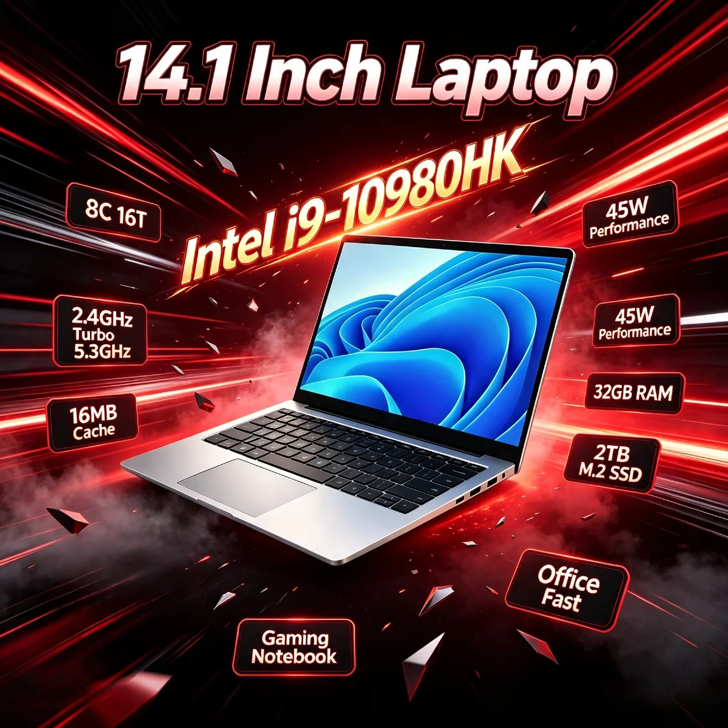 New Core i9 10980HK Intel 14.1 Inch Pro Laptop 8C 16T 2.4 5.3GHz 16MB 45W 32GB RAM 2TB M.2 SSD Gaming Notebook Office Fast