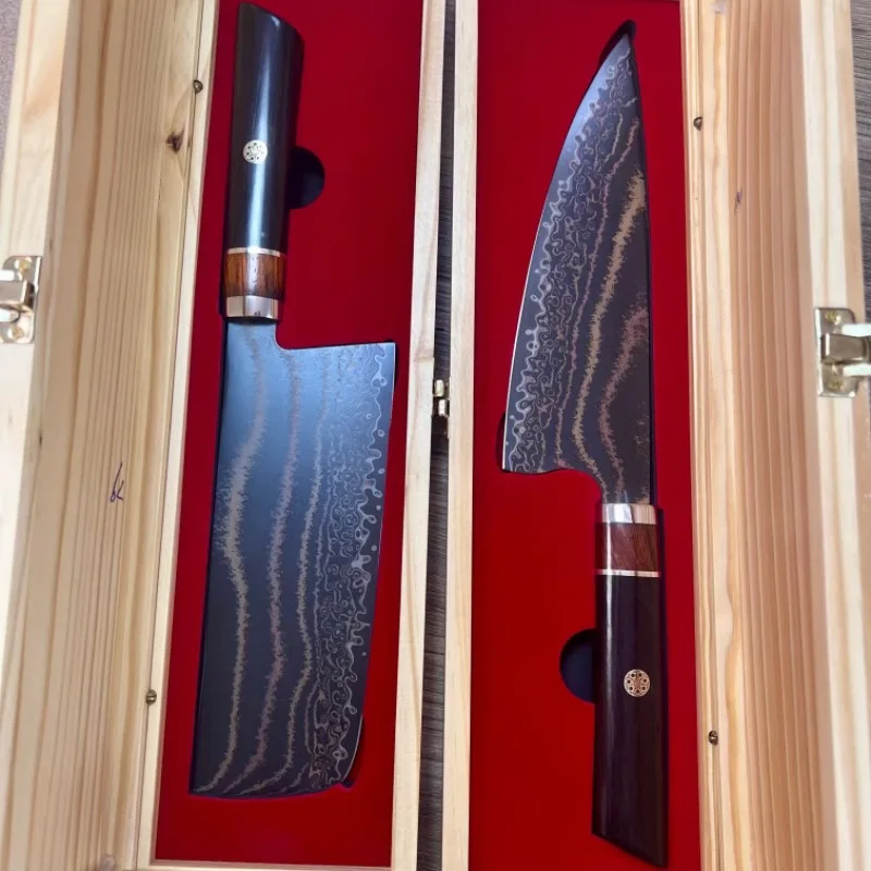 سكين الطاهي ثلاثي الألوان النحاس الدمشقي الصلب مسحوق الصلب الأساسية شفرة تقطيع الخضروات الساطور اللحوم سكين المطبخ دون صندوق خشبي