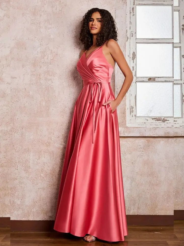 Pleated V-neck Satin Maxi Dresses With Pockets