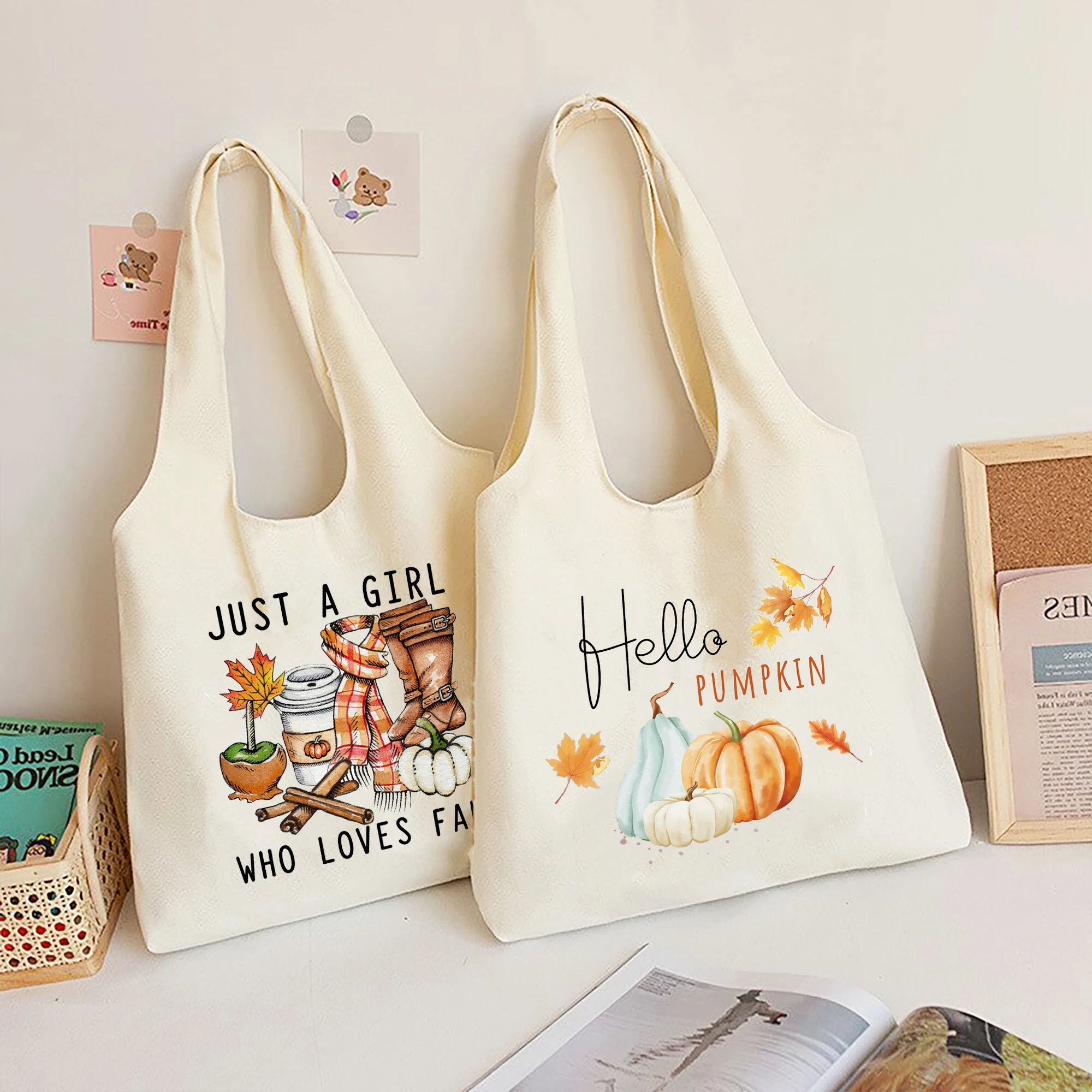 

Just A Girl Who Loves Fall Printed Shouder Bag Hello Pumpkin Thanksgiving Halloween Canvas Bags Autumn Festive Tote Gift for Her