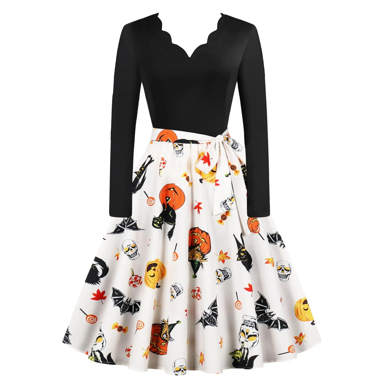 

Women's Long Sleeve V-neck Patchwork Halloween Pumpkin Skull Print A-line Holidays Party Vintage Gothic Fashion Belt Dresses