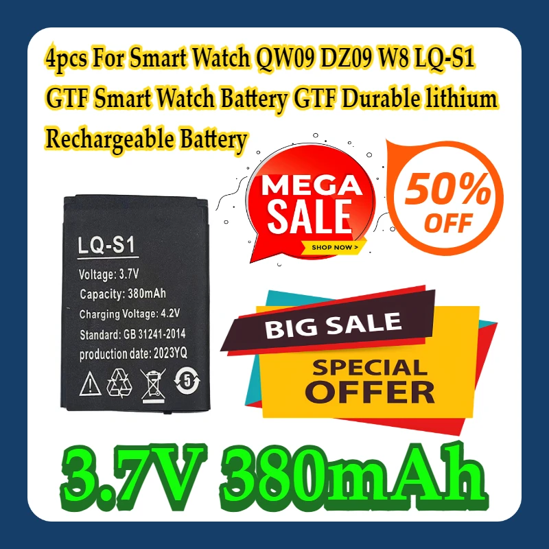 

4pcs For Smart Watch QW09 DZ09 W8 LQ-S1 3.7V 380mAh GTF Smart Watch Battery GTF Durable lithium Rechargeable Battery