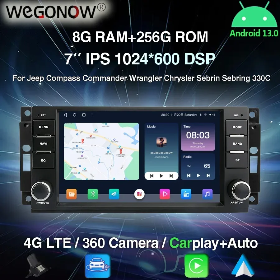 DSP Android 13.0 8G+256G Car Player GPS Map WIFI BT RDS Radio For Jeep Compass Commander Wrangler Chrysler Sebrin Sebring 330C