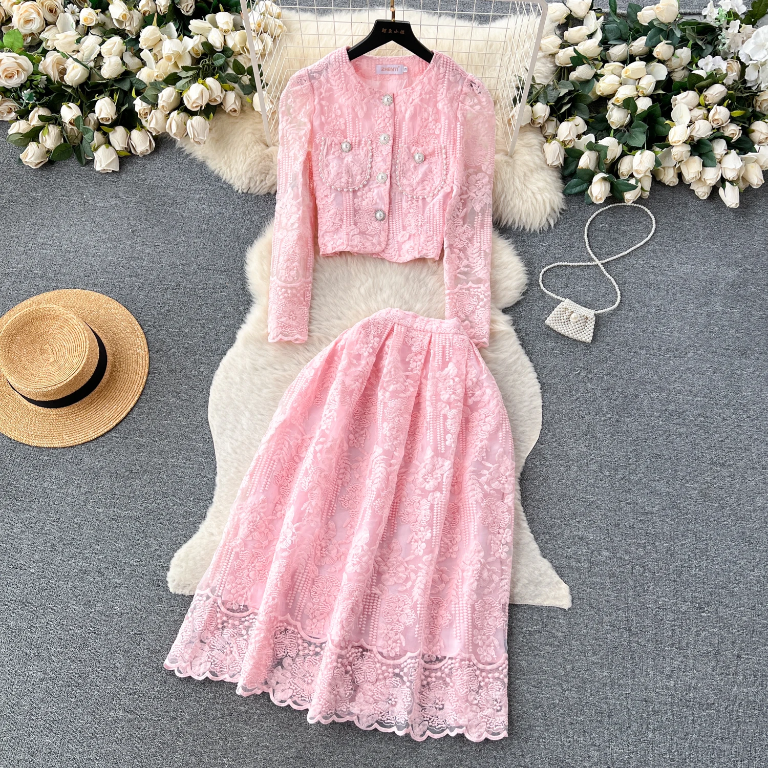 

French Elegant Small Fragrance Suit Women's Autumn Temperament Two piece Set Short Round Neck Lace Top+High Waist Skirt Pink Set