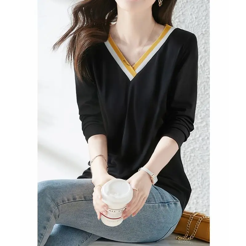 V-Neck Spliced Contrast Color Long Sleeve Casual Spring Autumn New Top Korean Classic Women\'s Clothing Wear Outside Tee Shirt