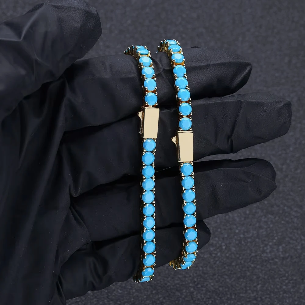 

NY Hip Hop Jewelry Custom 4mm 18K Gold Plated Blue Turquoise Tennis Bracelet Spring Clasp for Women Gift