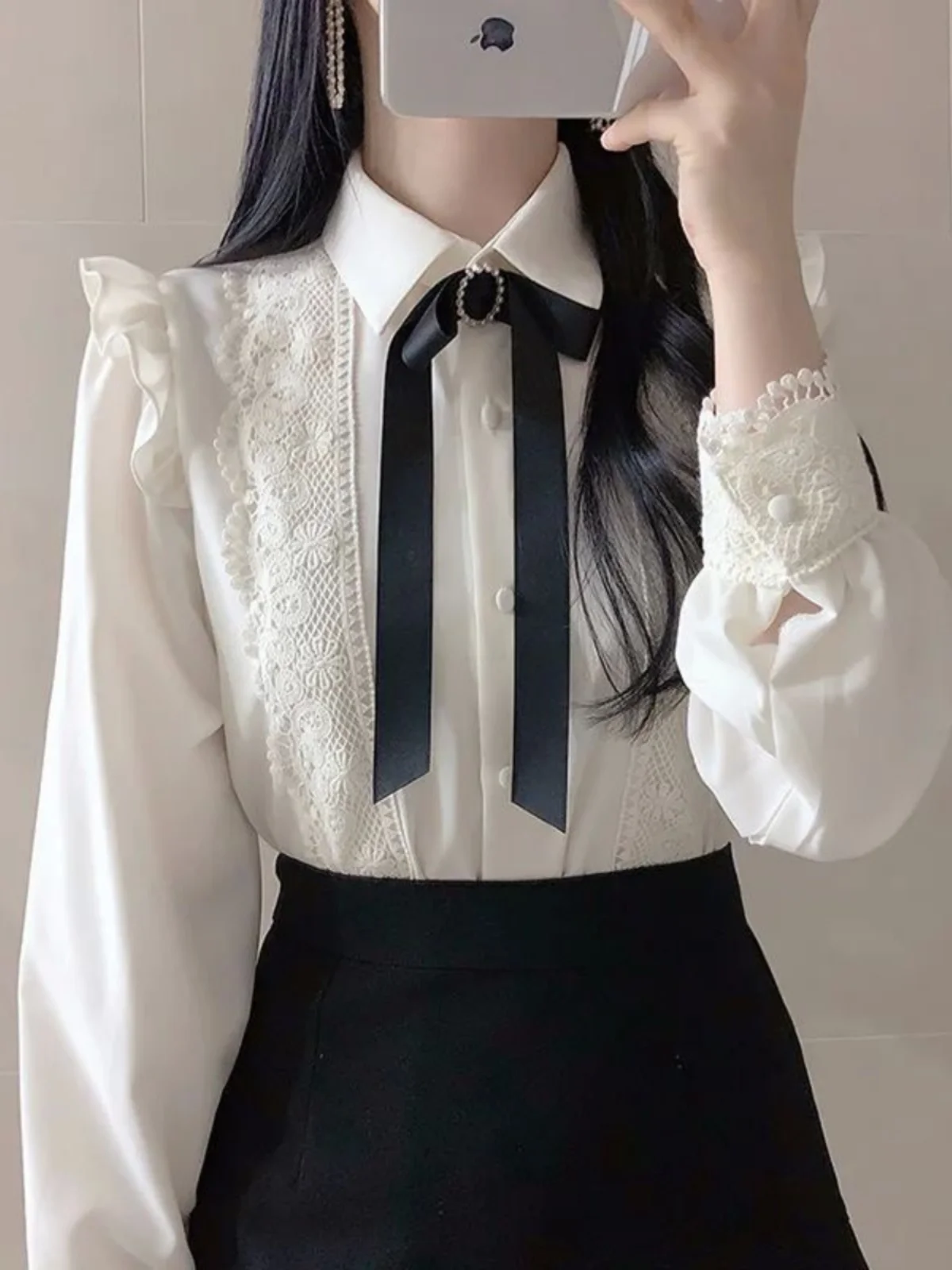 Long Sve Lace irt Baby Collar Doll Ne Street Sle Loose Fit  Color Spring Faion for Women 8-35 Years Old