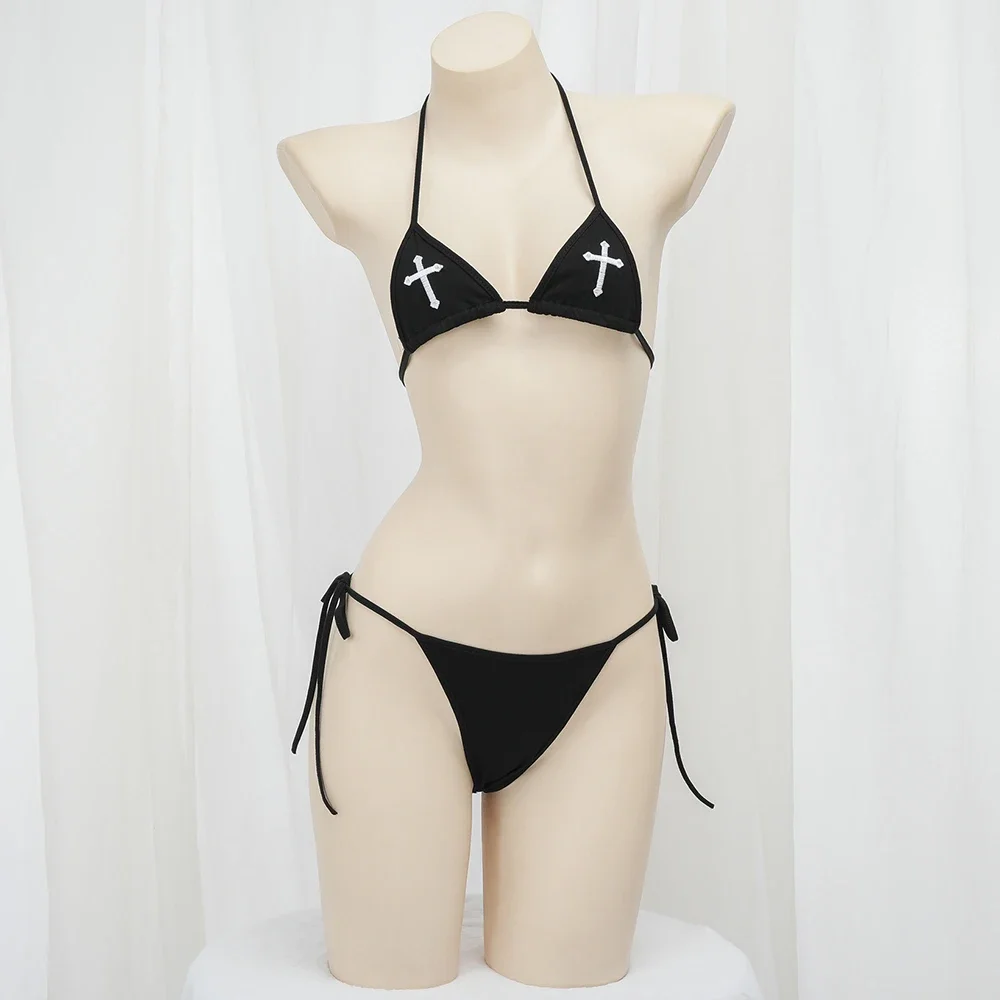

Sexy Bikini 2025 Women Cross Embroidery Split Bathing Suit Underwear Lingerie Goth Swimsuit Low Waist Bikinis Beach Swimwear