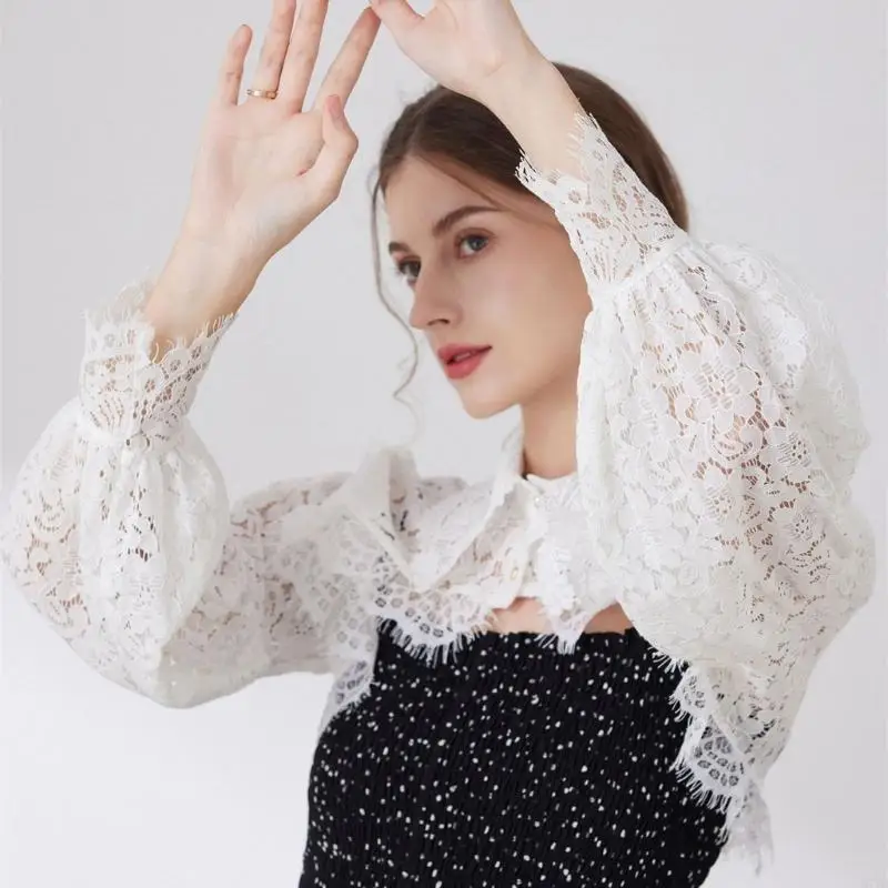 N7YE Nữ Tay Dài Phối Nút Cổ Hở Phía Trước Áo Len Nhún Vai