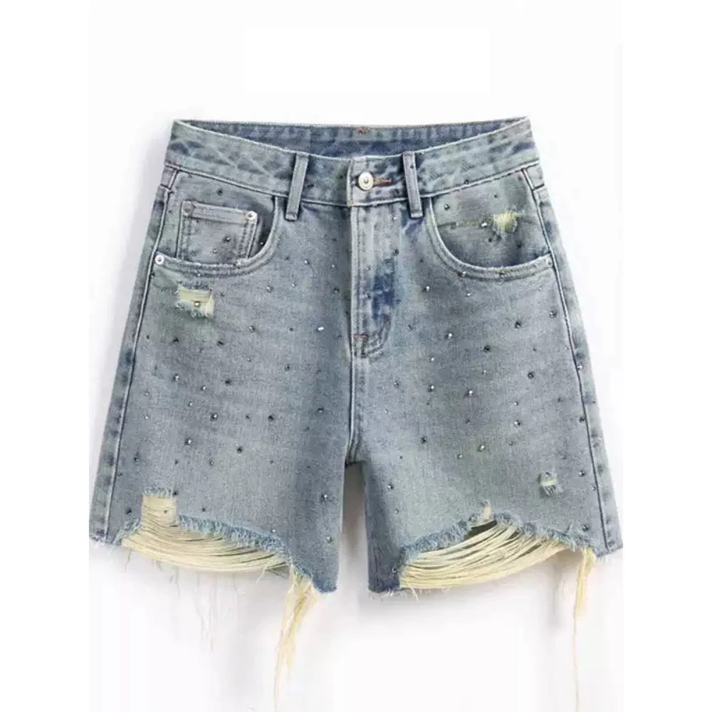 

Summer Diamonds Denim Shorts Women Designed Chic High Waist Short Jeans Frayed Hole All-Match Shorts Party Club Wear for 18-24Y