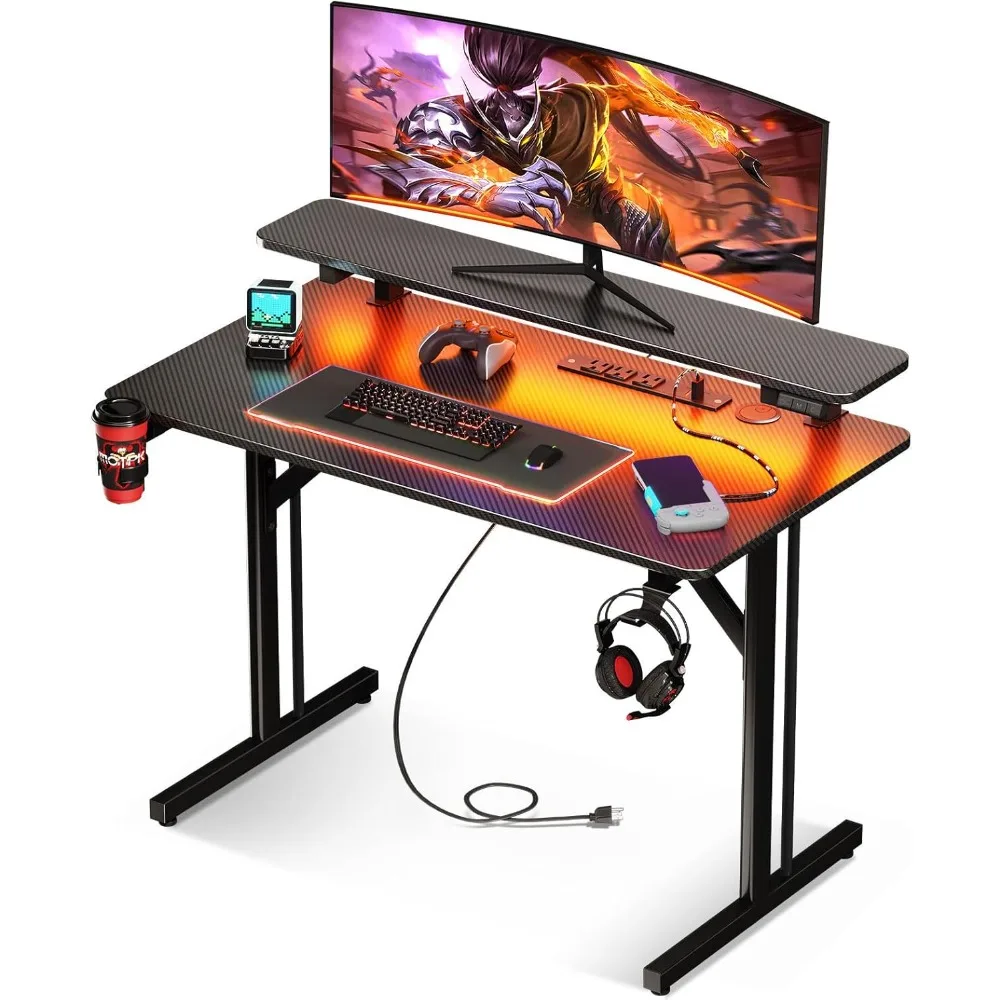 

32 Inch Small Gaming Desk with LED Lights & Power Outlets, Computer Desk Gaming Table with Monitor Shelf, Gamer Desk