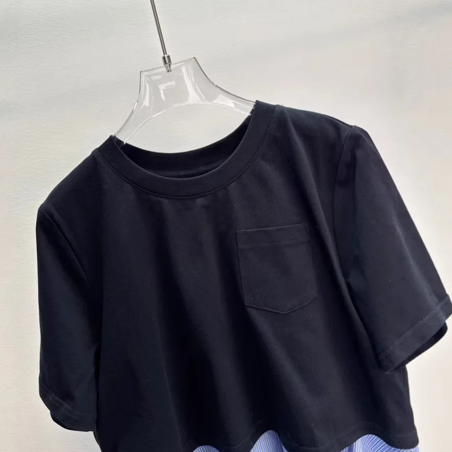 2026 New Japanese Style Deconstructed Stripe Fake Two Piece Irregular Hem Short Sleeve T Shirt Women